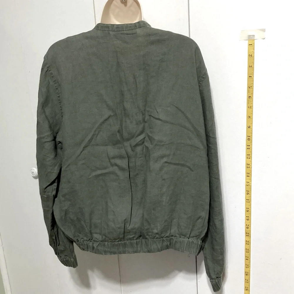 CYNTHIA ROWLEY LINEN Army Green Khaki Bomber Jacket Full Zip Long Sleeves Large